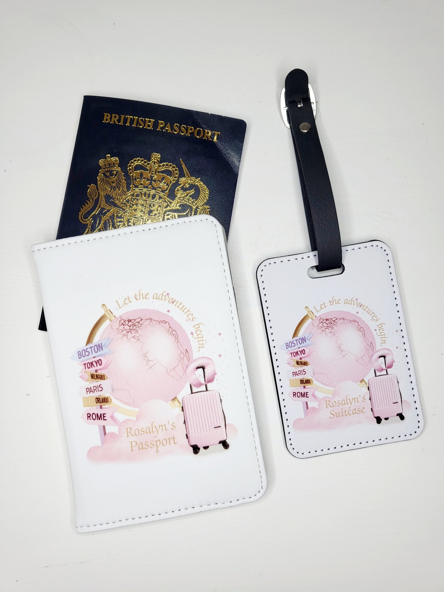 Personalised Passport Cover & Luggage Tag Set, Pink or Blue