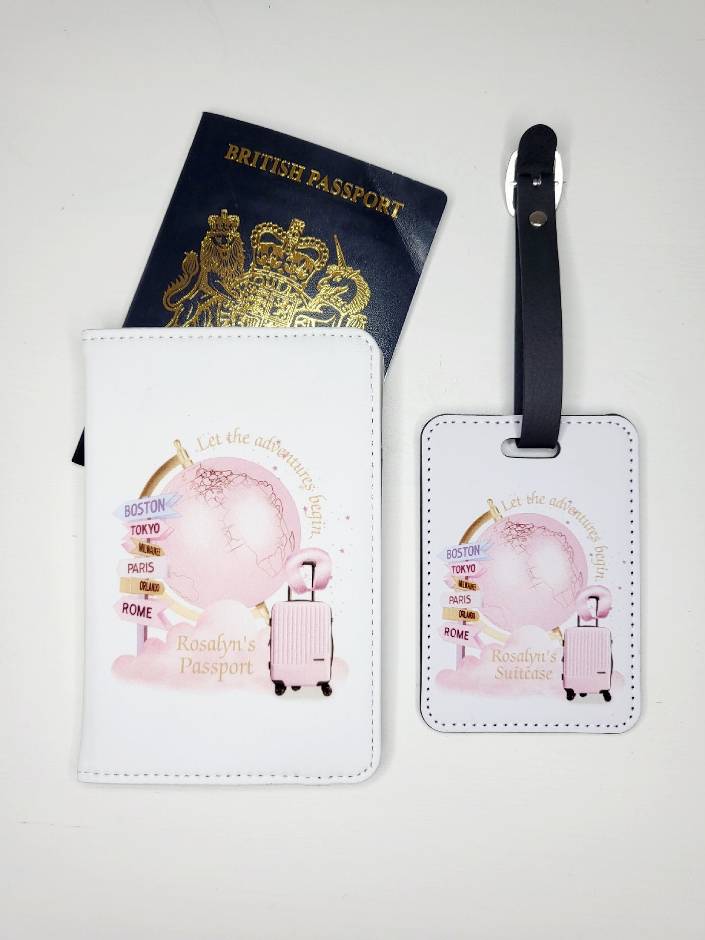 Personalised Passport Cover & Luggage Tag Set, Pink or Blue