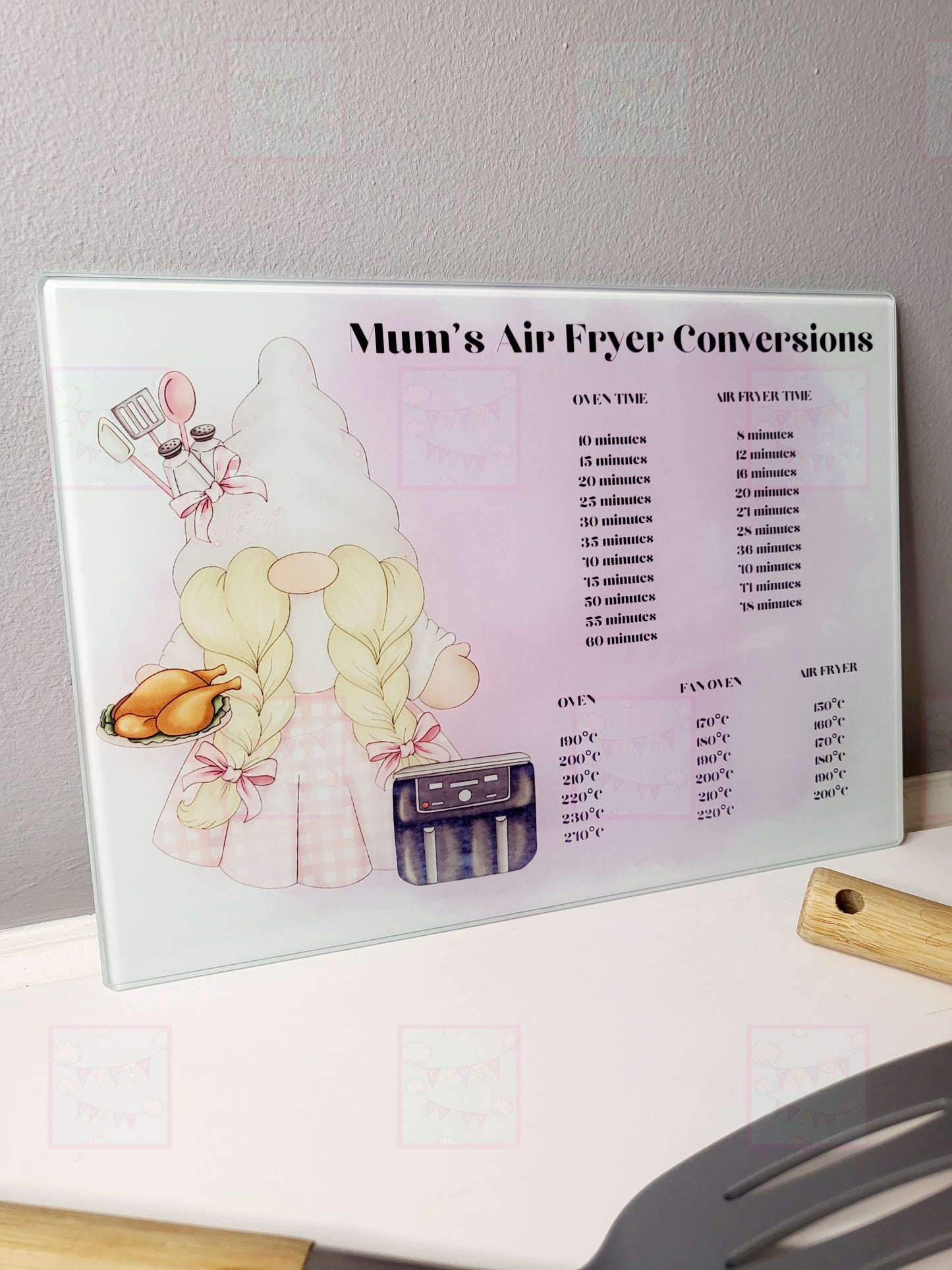 Personalised Air Fryer Conversion Gonk Glass Chopping Board - Pink or Blue