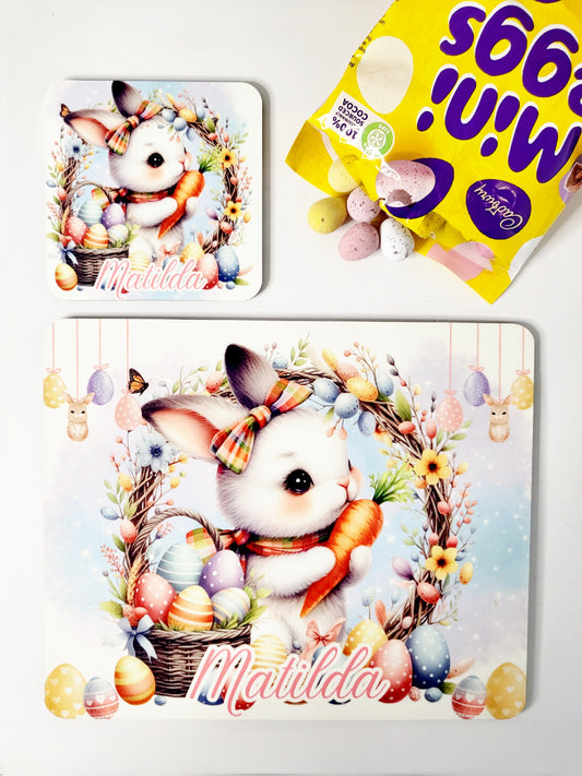 Personalised Easter Placemat & Coaster Set - Boy or Girl Bunny