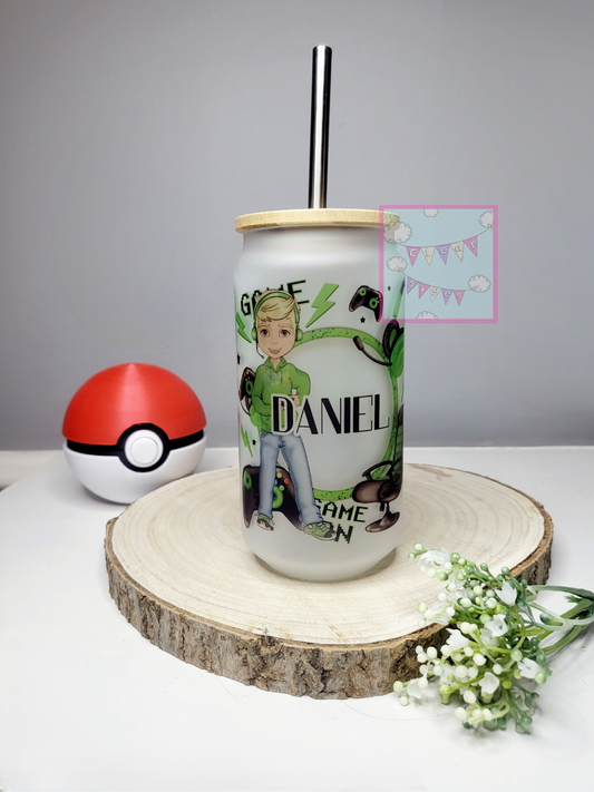 Personalised Gamer Glass Can with Bamboo Lid & Straw