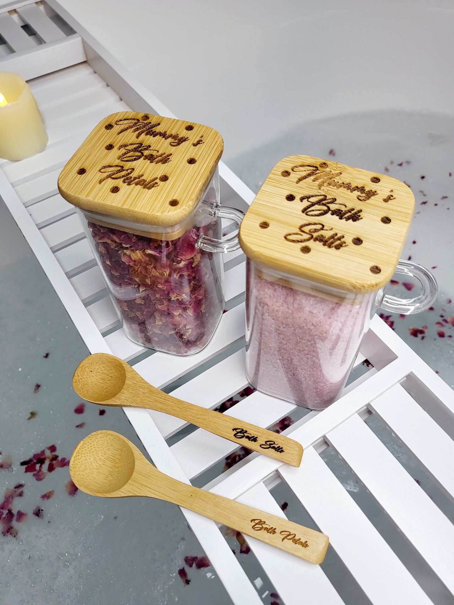 Personalised Bath Salt & Bath Petal Jar Set with Spoons, Empty
