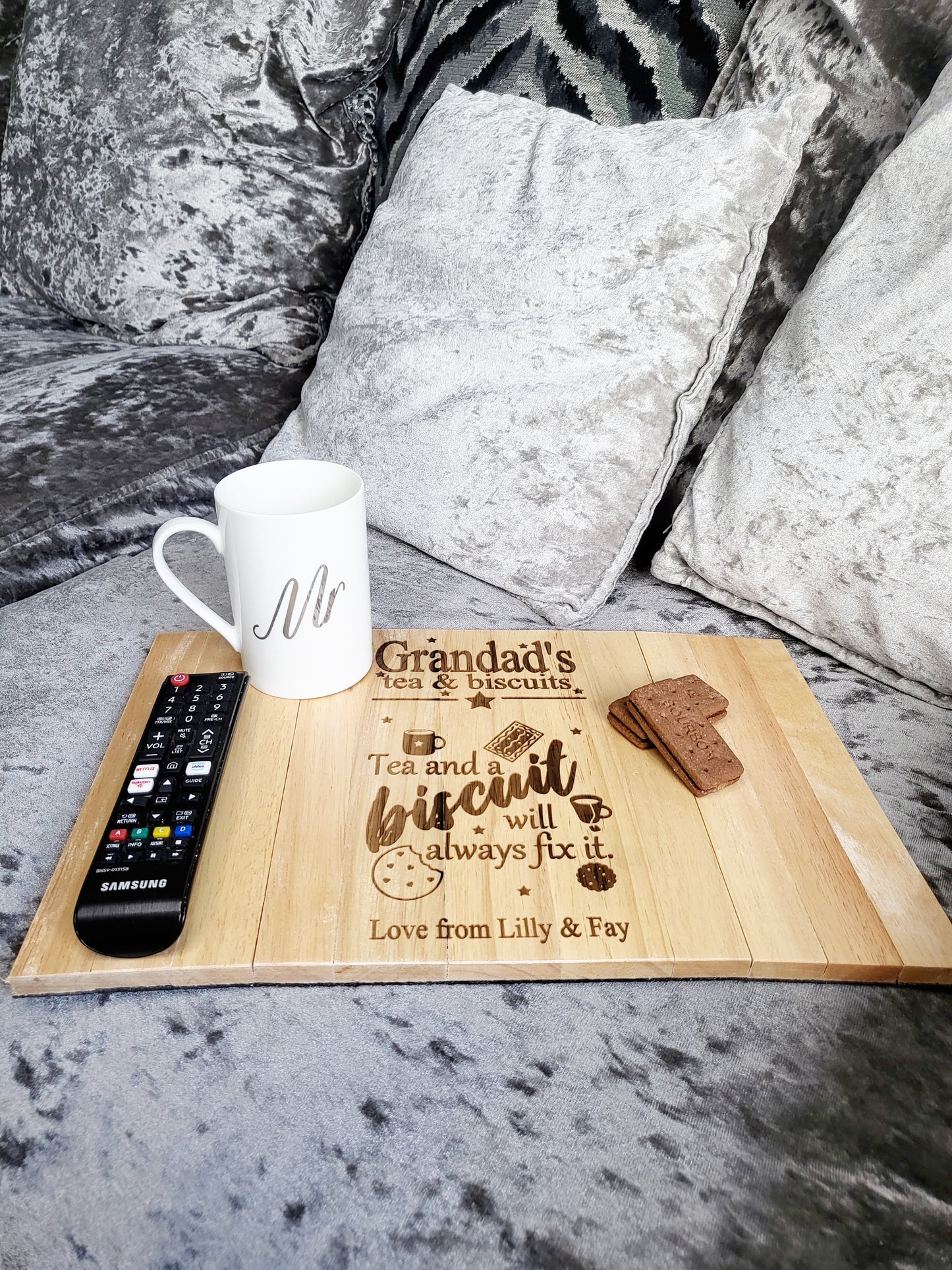 Personalised Sofa Arm Rest Tray - Tea & Biscuits