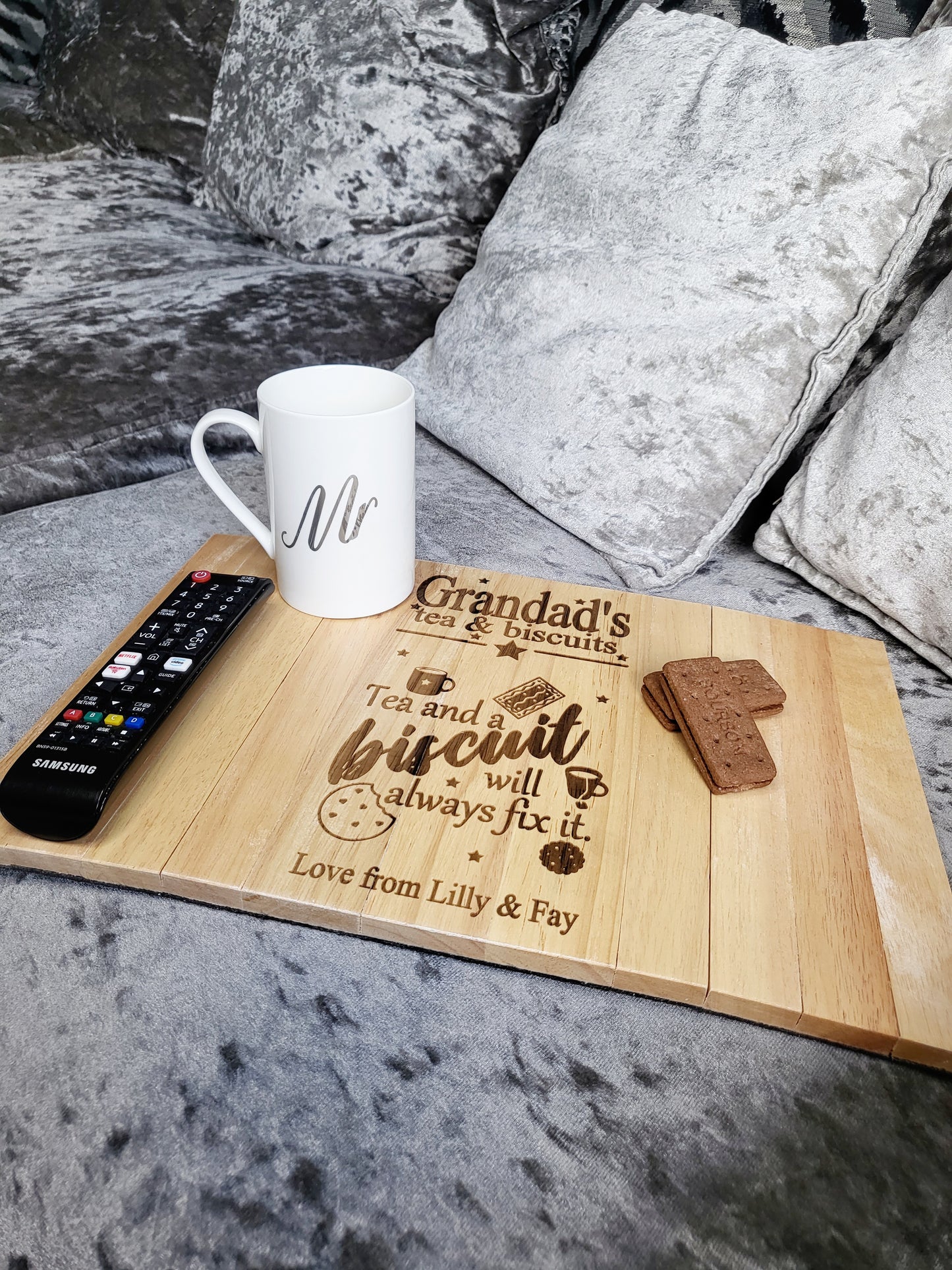 Personalised Sofa Arm Rest Tray - Tea & Biscuits