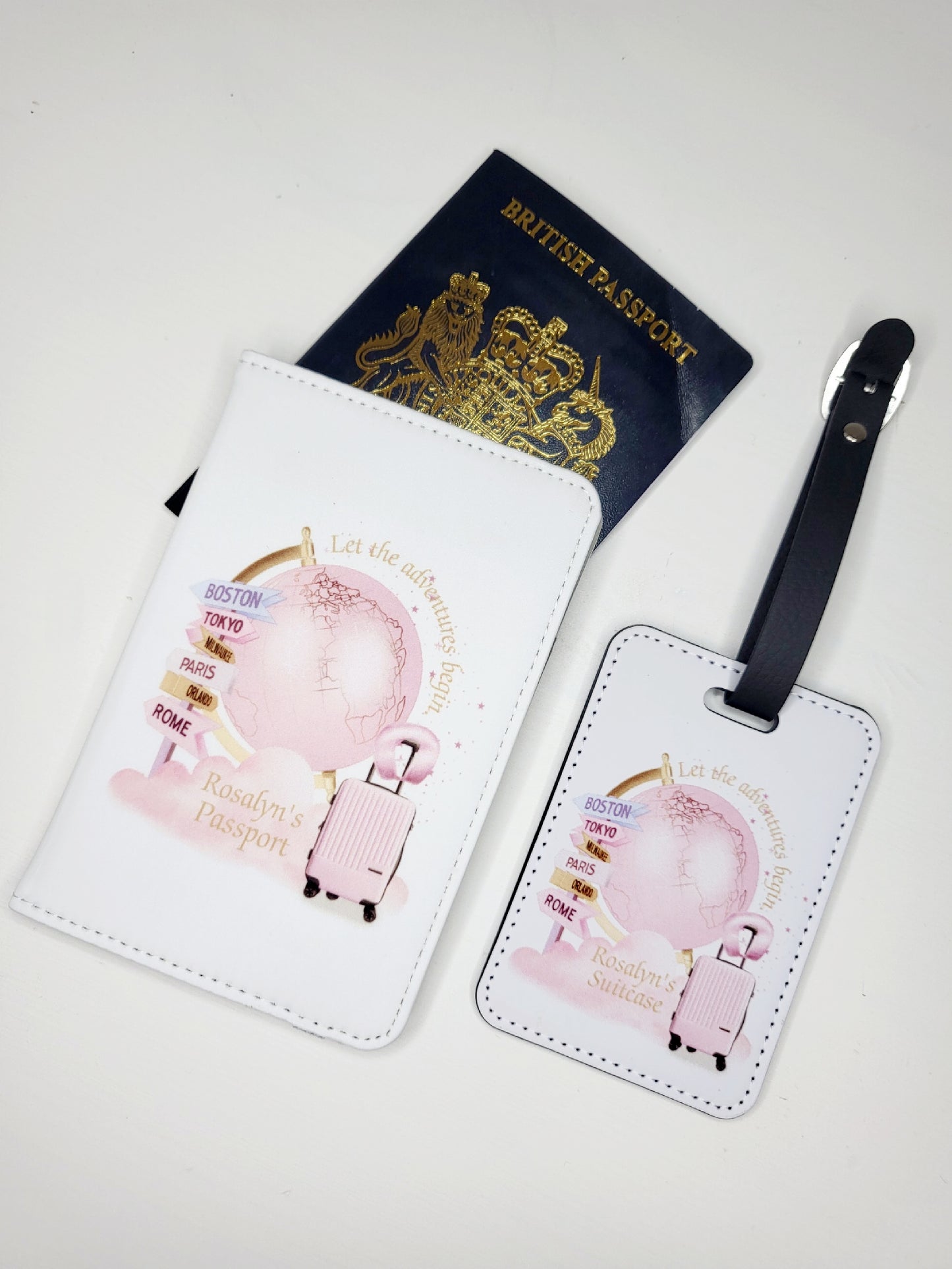 Personalised Passport Cover & Luggage Tag Set, Pink or Blue