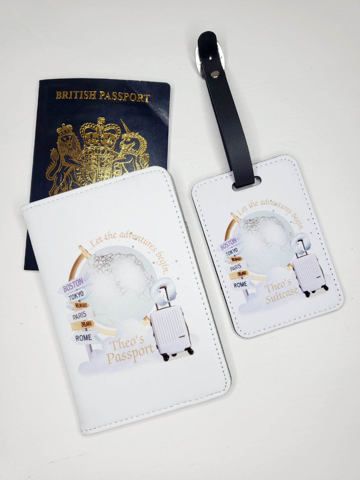 Personalised Passport Cover & Luggage Tag Set, Pink or Blue