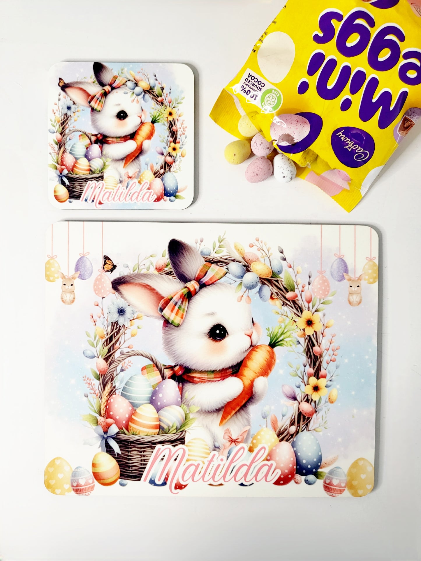 Personalised Easter Placemat & Coaster Set - Boy or Girl Bunny