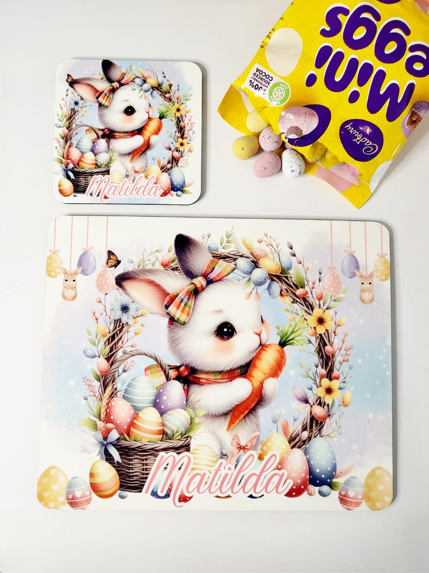 Personalised Easter Placemat & Coaster Set - Boy or Girl Bunny