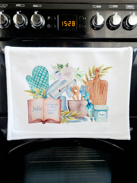 Personalised Baking Tea Towel - Pink or Blue