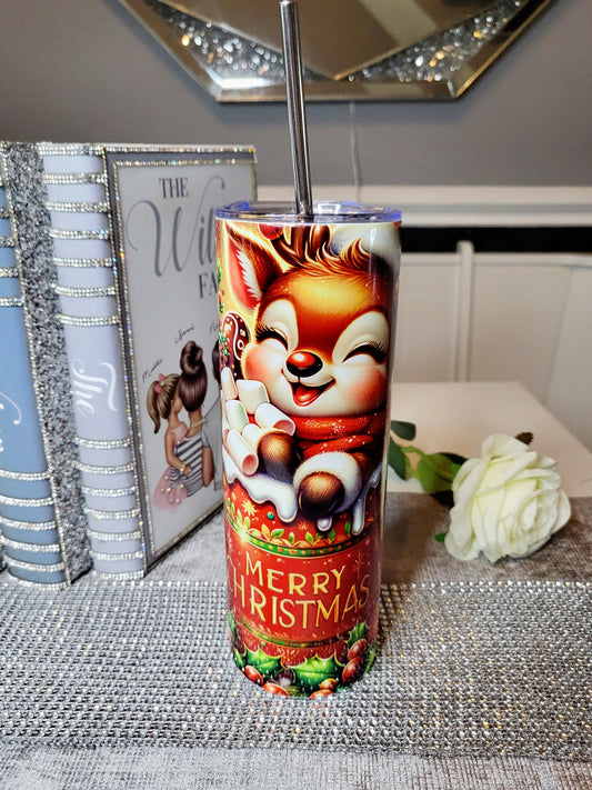 Personalised Reindeer 20oz Skinny Tumbler with Straw