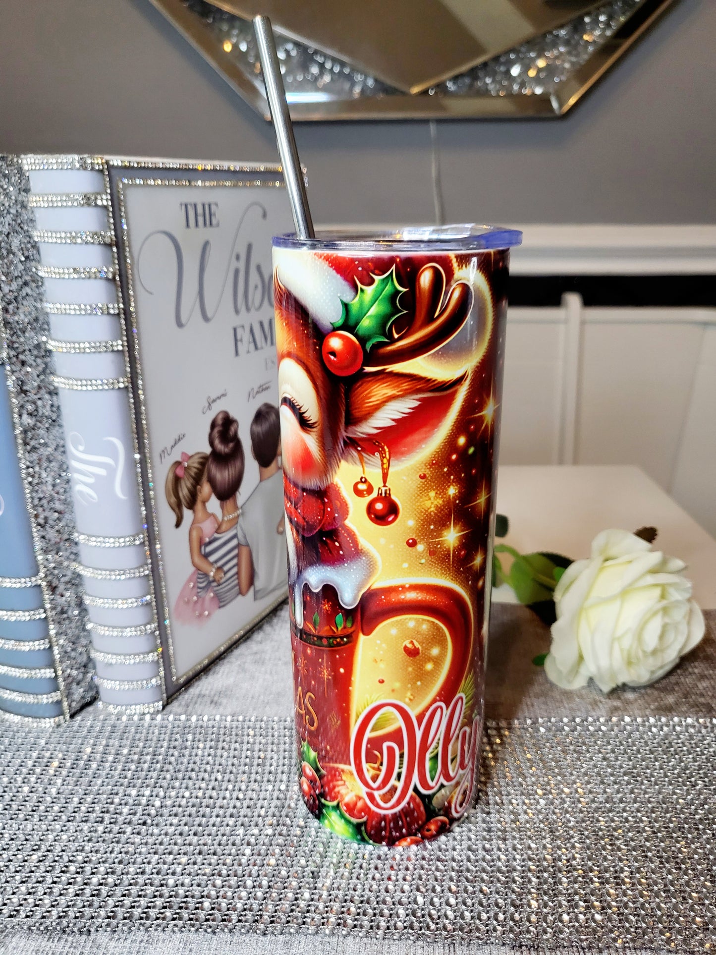 Personalised Reindeer 20oz Skinny Tumbler with Straw