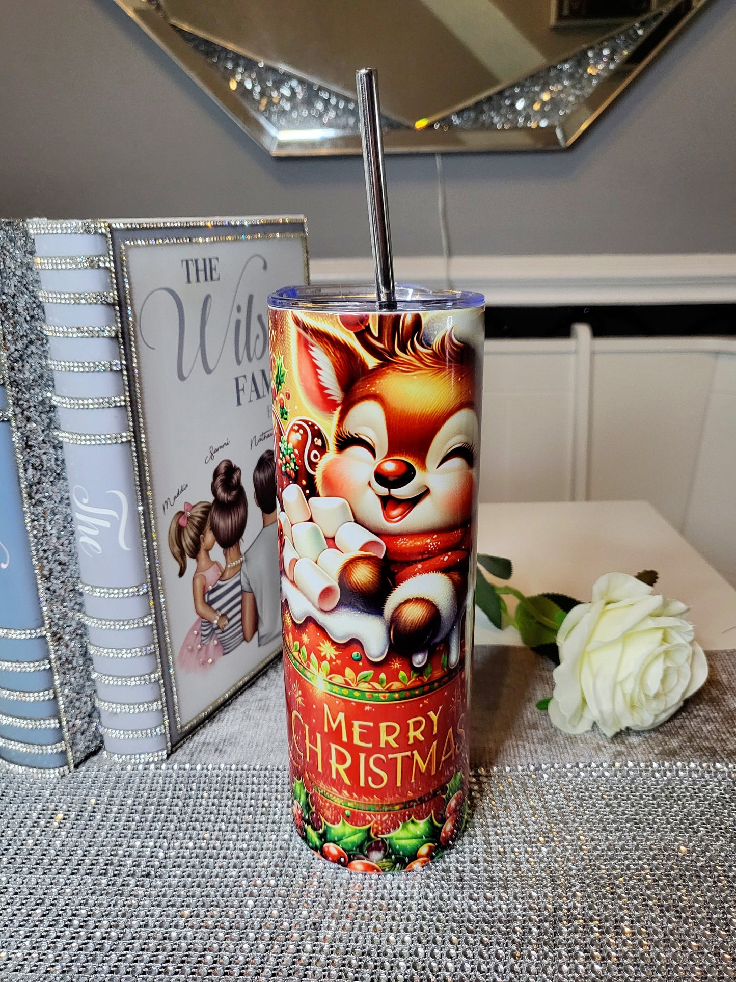 Personalised Reindeer 20oz Skinny Tumbler with Straw