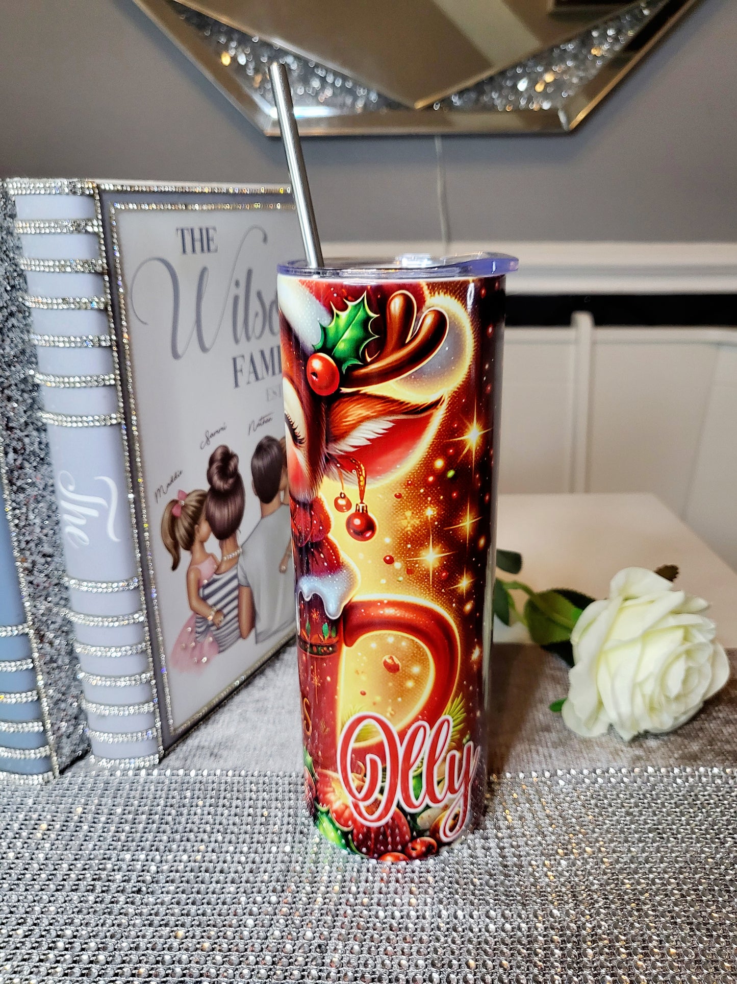 Personalised Reindeer 20oz Skinny Tumbler with Straw