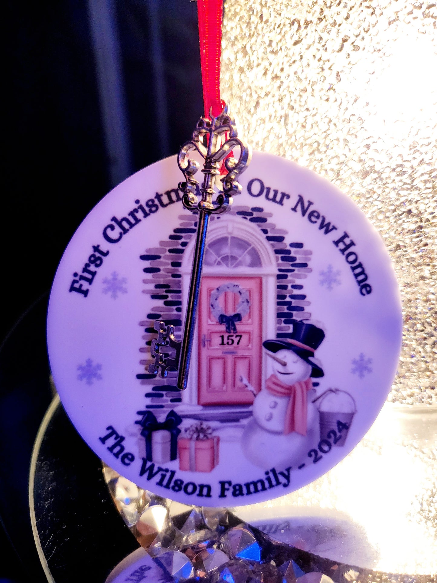 Personalised First Christmas in New Home Acrylic Tree Decoration with Key Charm