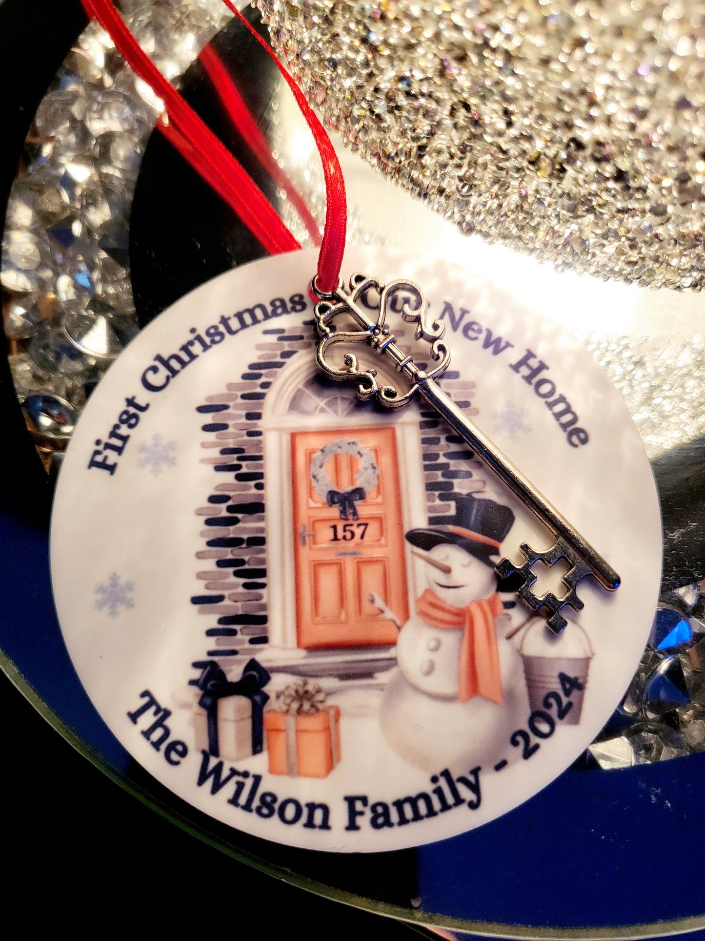 Personalised First Christmas in New Home Acrylic Tree Decoration with Key Charm