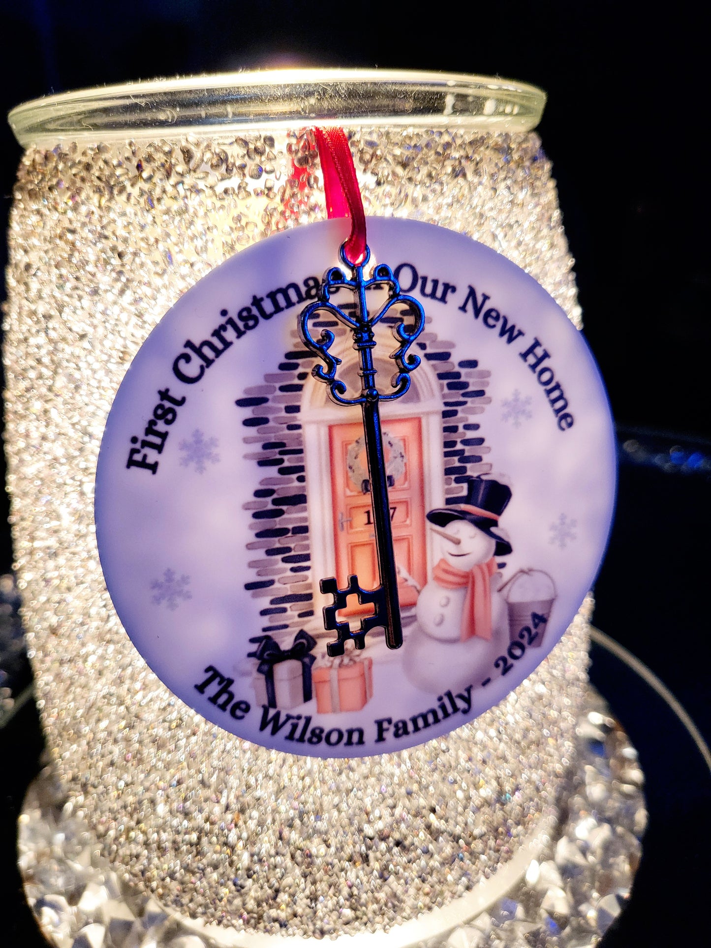 Personalised First Christmas in New Home Acrylic Tree Decoration with Key Charm