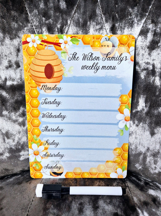 Personalised Bee Magnetic Dry Wipe Weekly Menu Board with Pen - 2 sizes