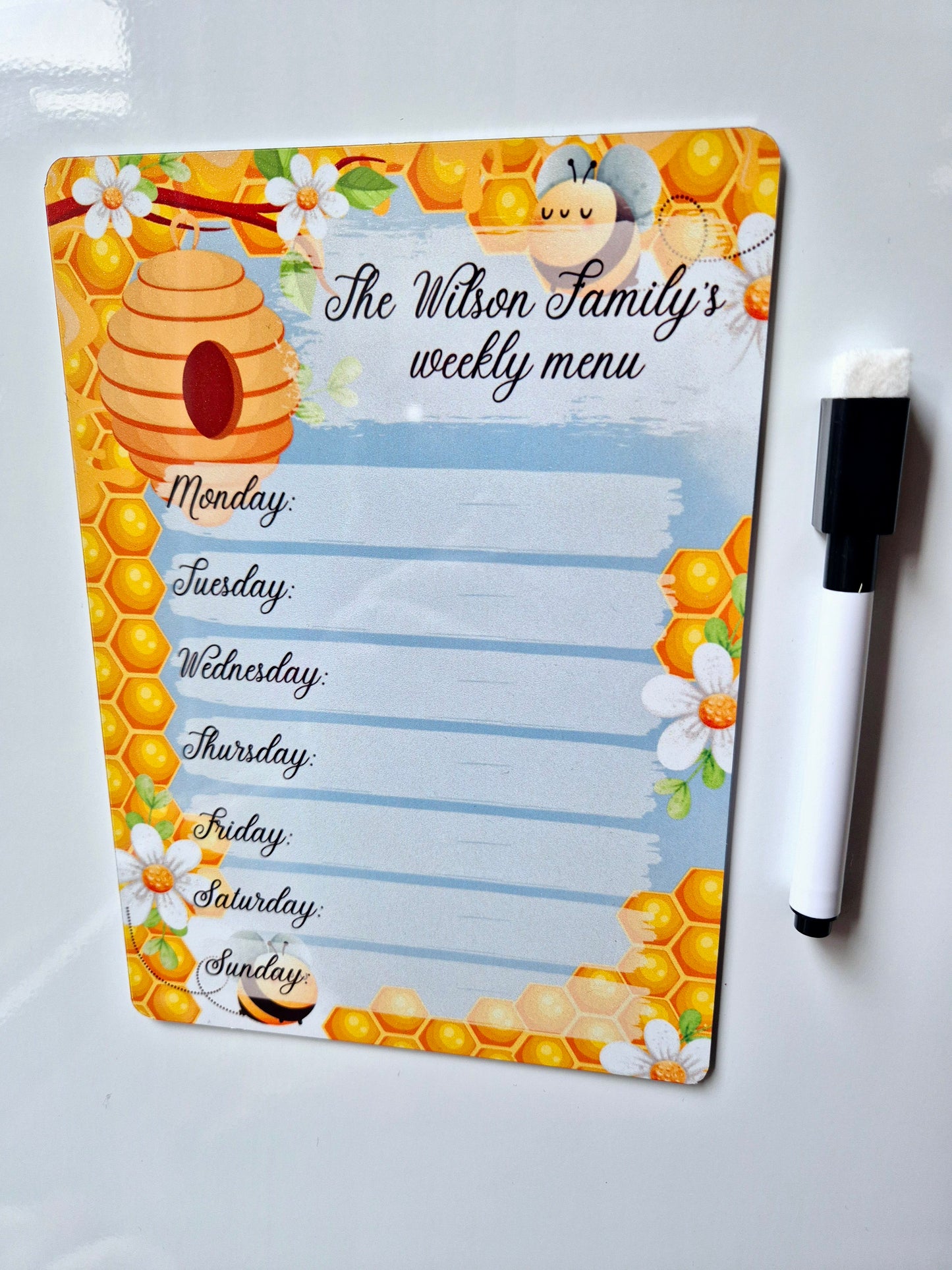 Personalised Bee Magnetic Dry Wipe Weekly Menu Board with Pen - 2 sizes