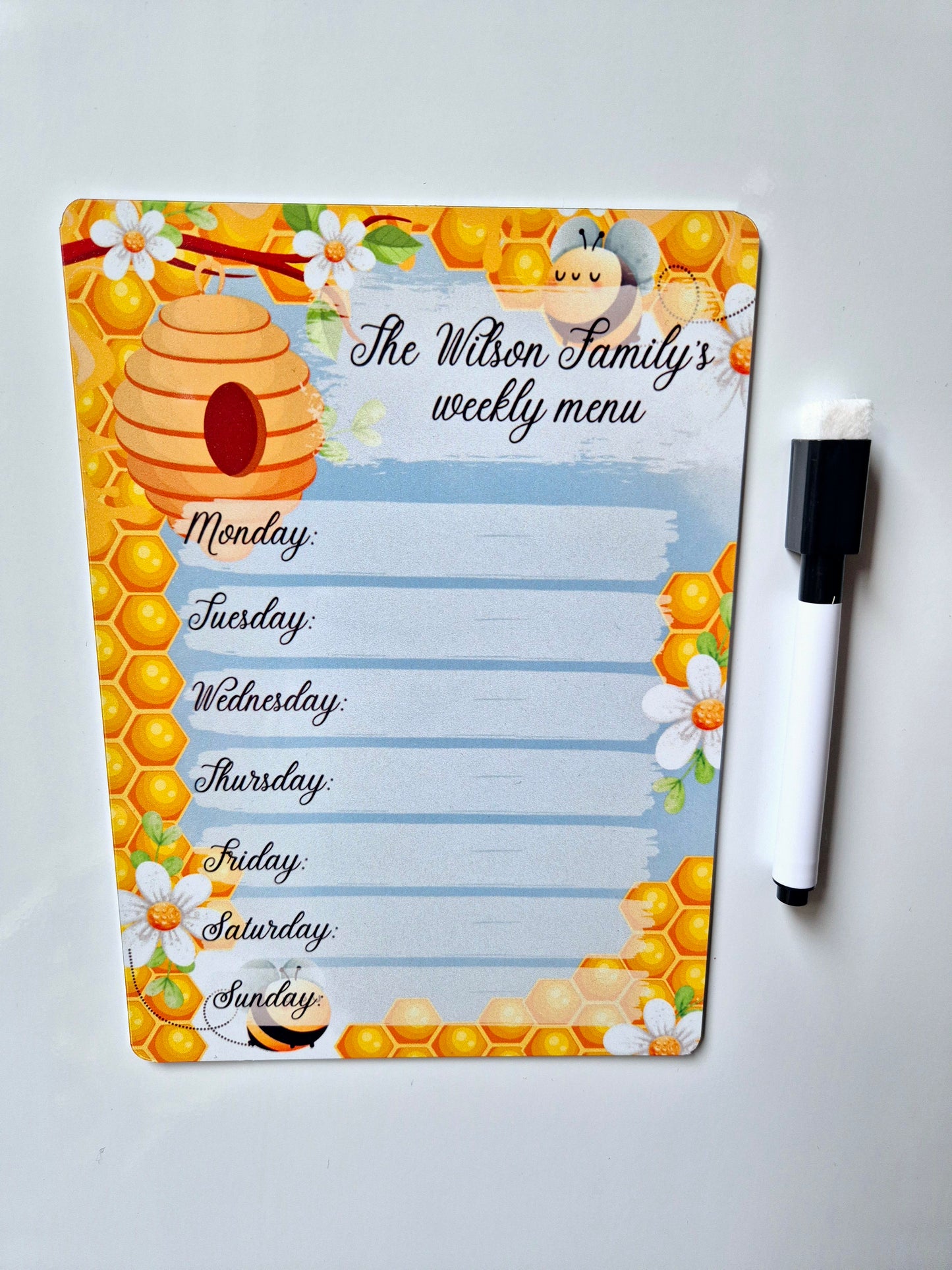 Personalised Bee Magnetic Dry Wipe Weekly Menu Board with Pen - 2 sizes