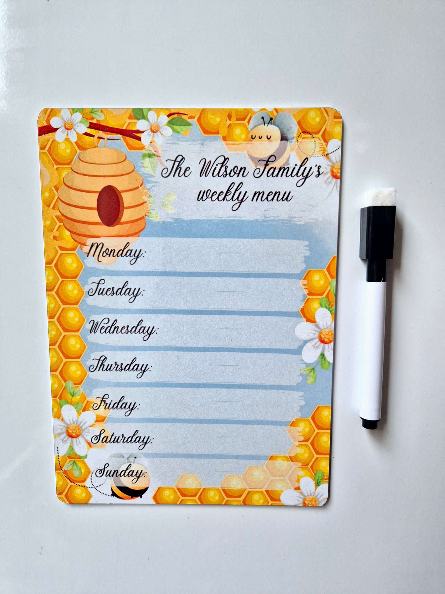 Personalised Bee Magnetic Dry Wipe Weekly Menu Board with Pen - 2 sizes