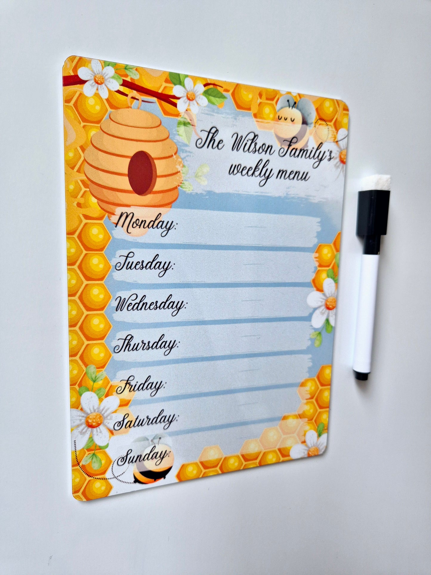 Personalised Bee Magnetic Dry Wipe Weekly Menu Board with Pen - 2 sizes