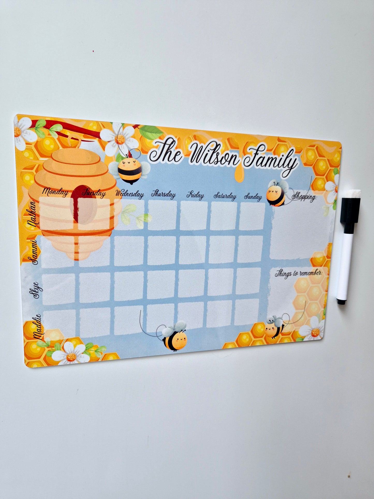 Personalised Bee Magnetic Dry Wipe Family Planner Board with Pen