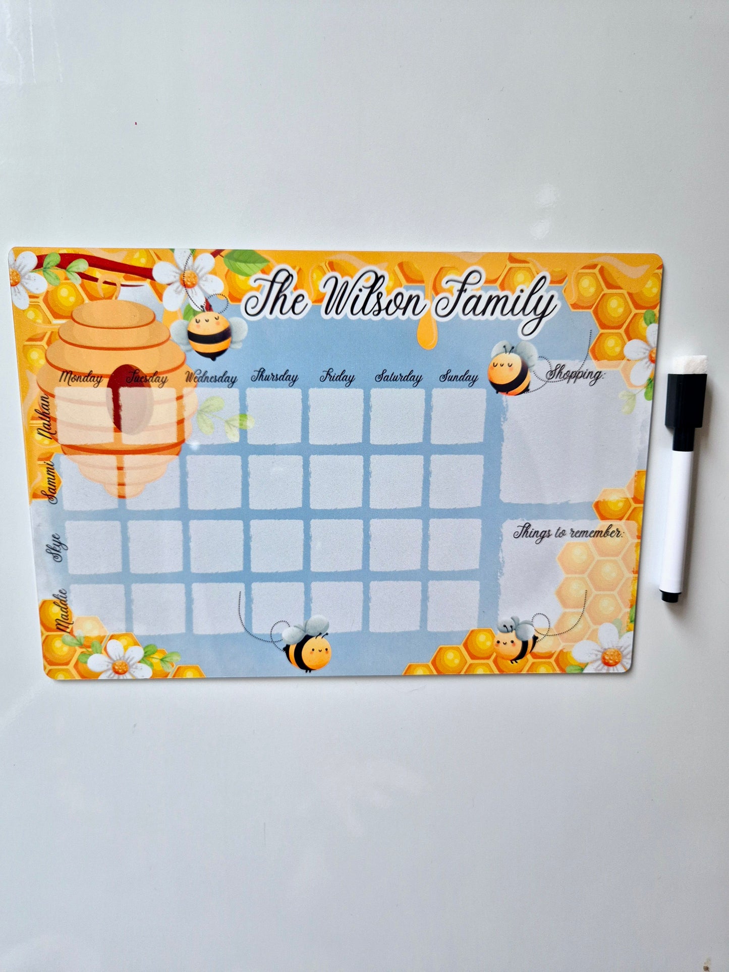 Personalised Bee Magnetic Dry Wipe Family Planner Board with Pen