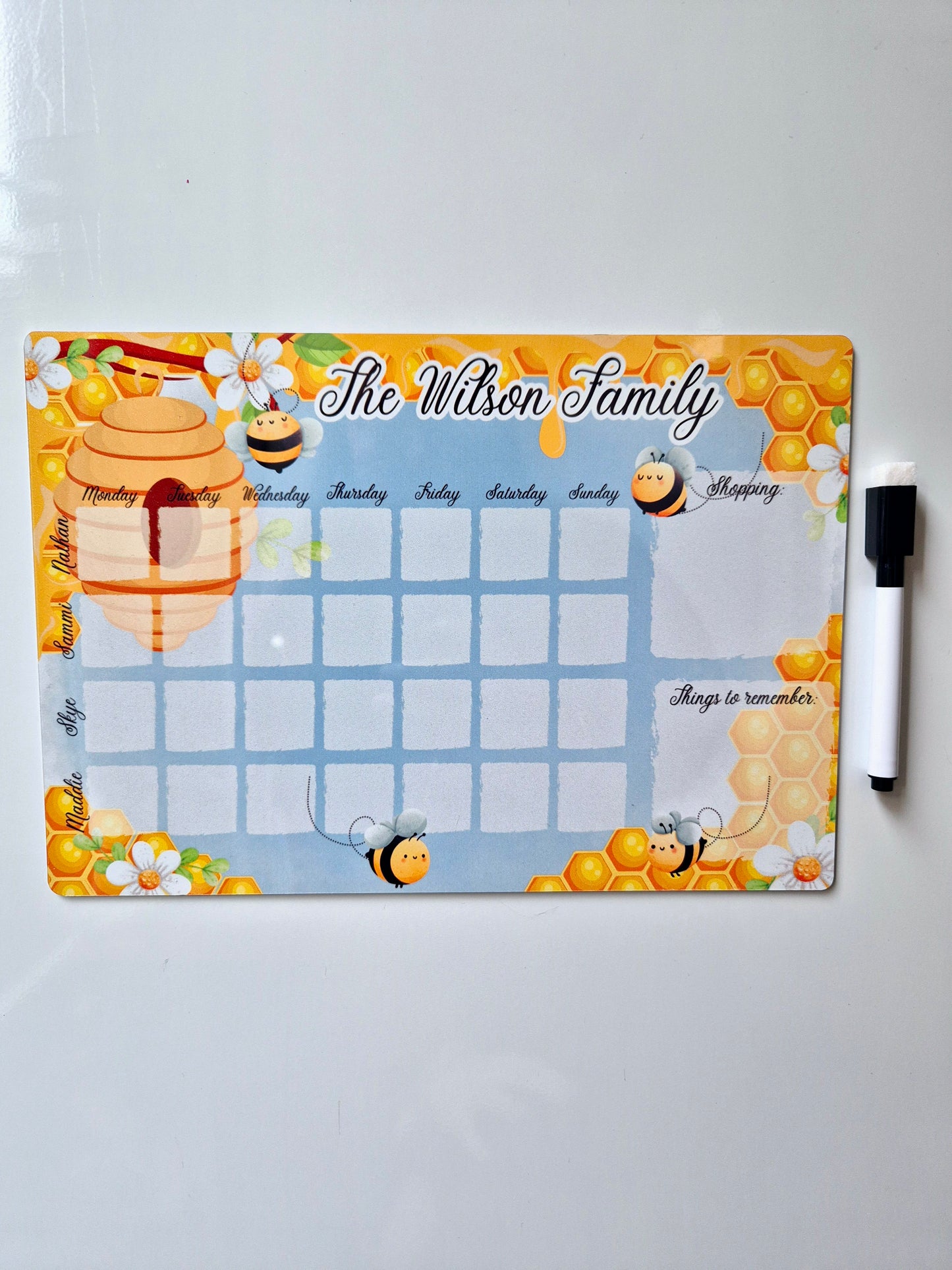 Personalised Bee Magnetic Dry Wipe Family Planner Board with Pen