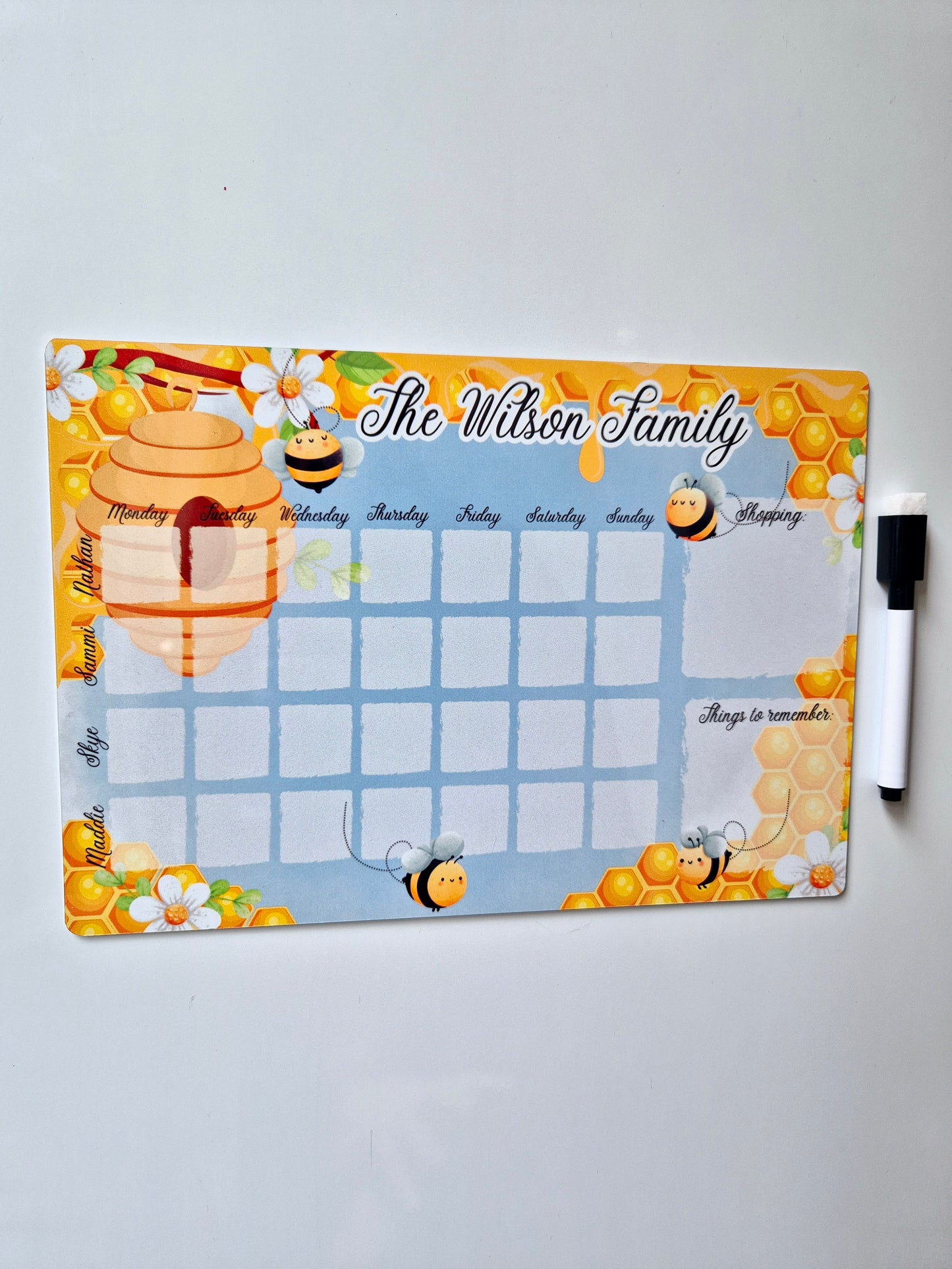 Personalised Bee Magnetic Dry Wipe Family Planner Board with Pen