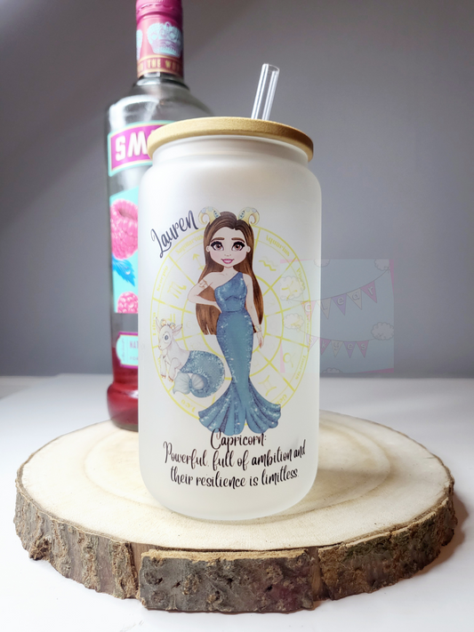 Personalised Zodiac Glass Can with Bamboo Lid & Straw