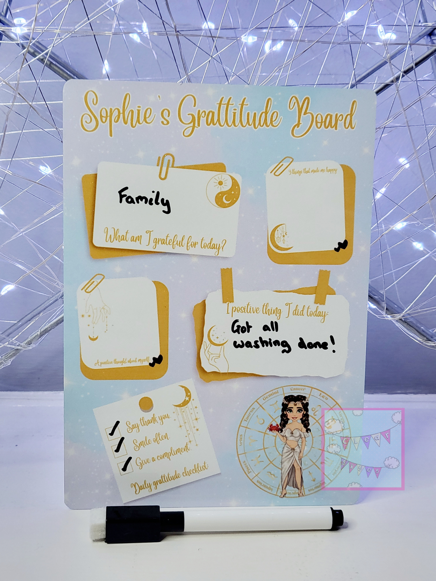 Personalised Zodiac Dry Wipe Gratitude Board with Pen