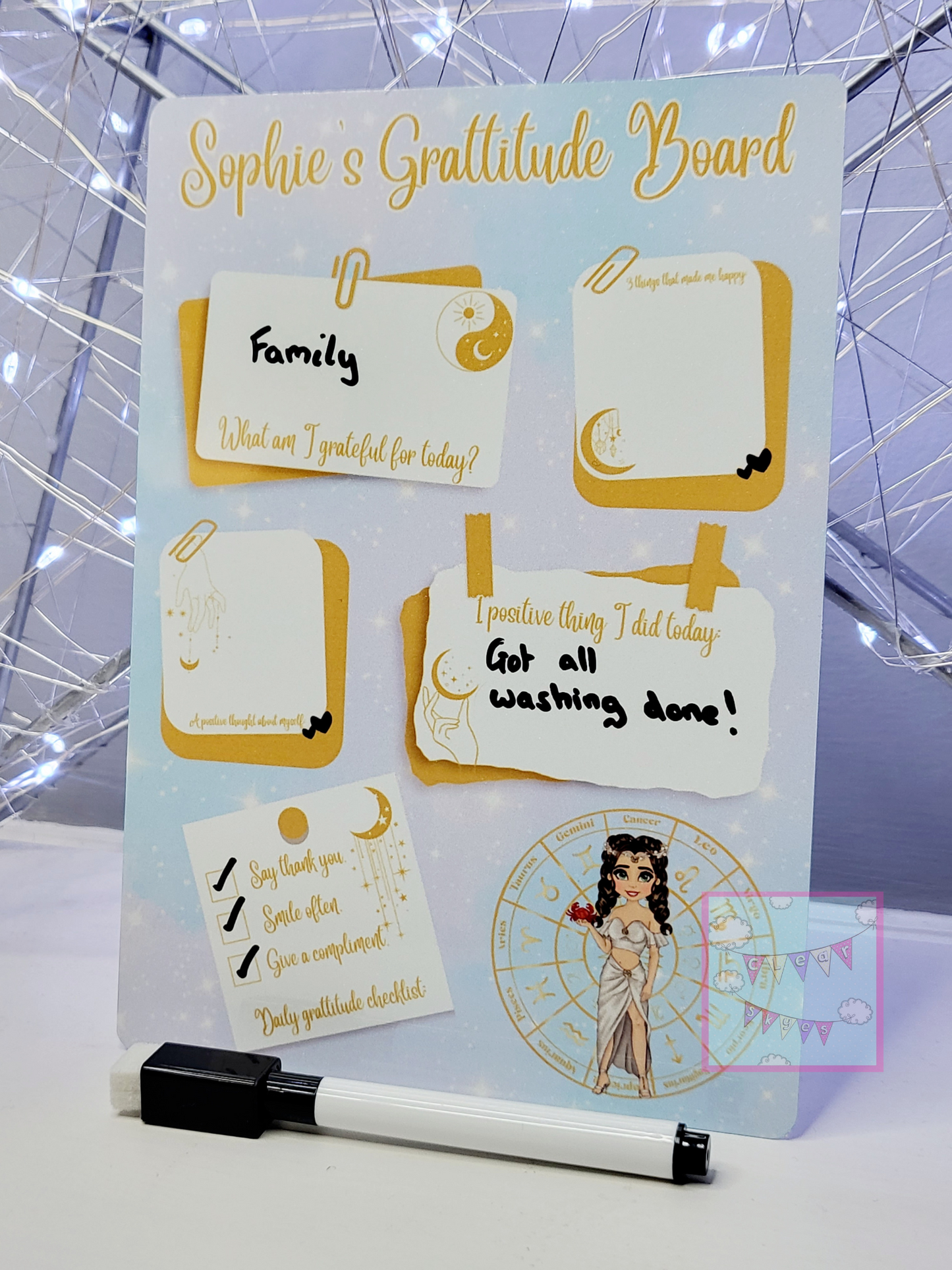 Personalised Zodiac Dry Wipe Gratitude Board with Pen