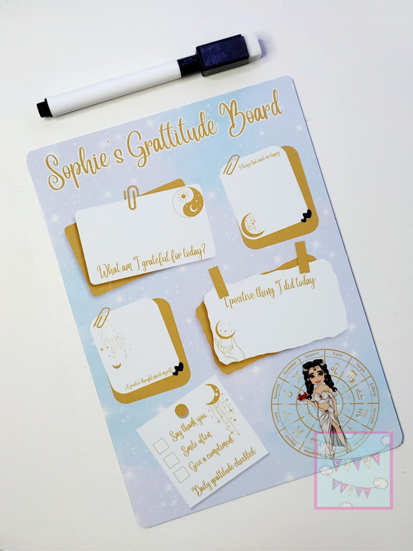 Personalised Zodiac Dry Wipe Gratitude Board with Pen