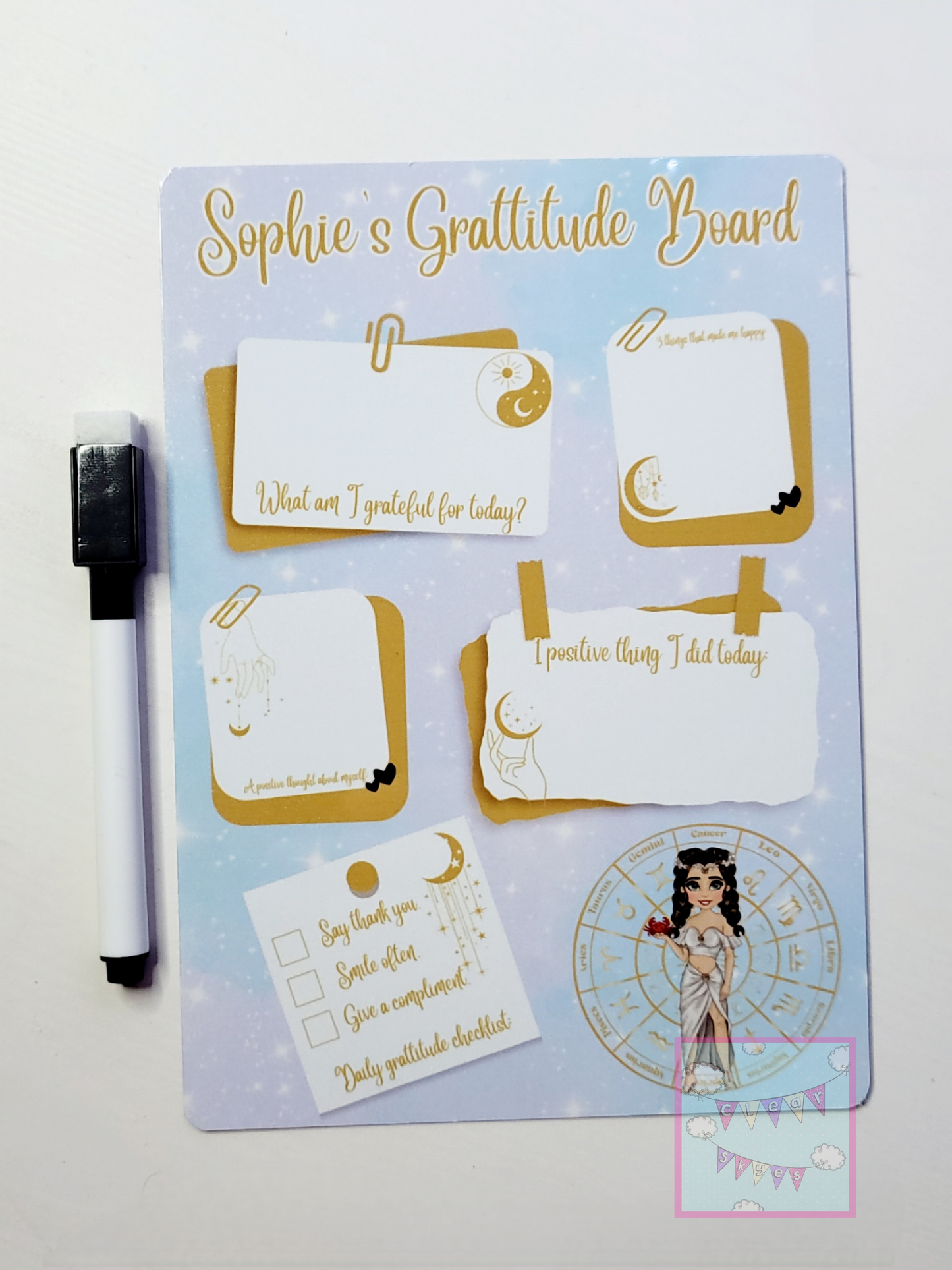 Personalised Zodiac Dry Wipe Gratitude Board with Pen