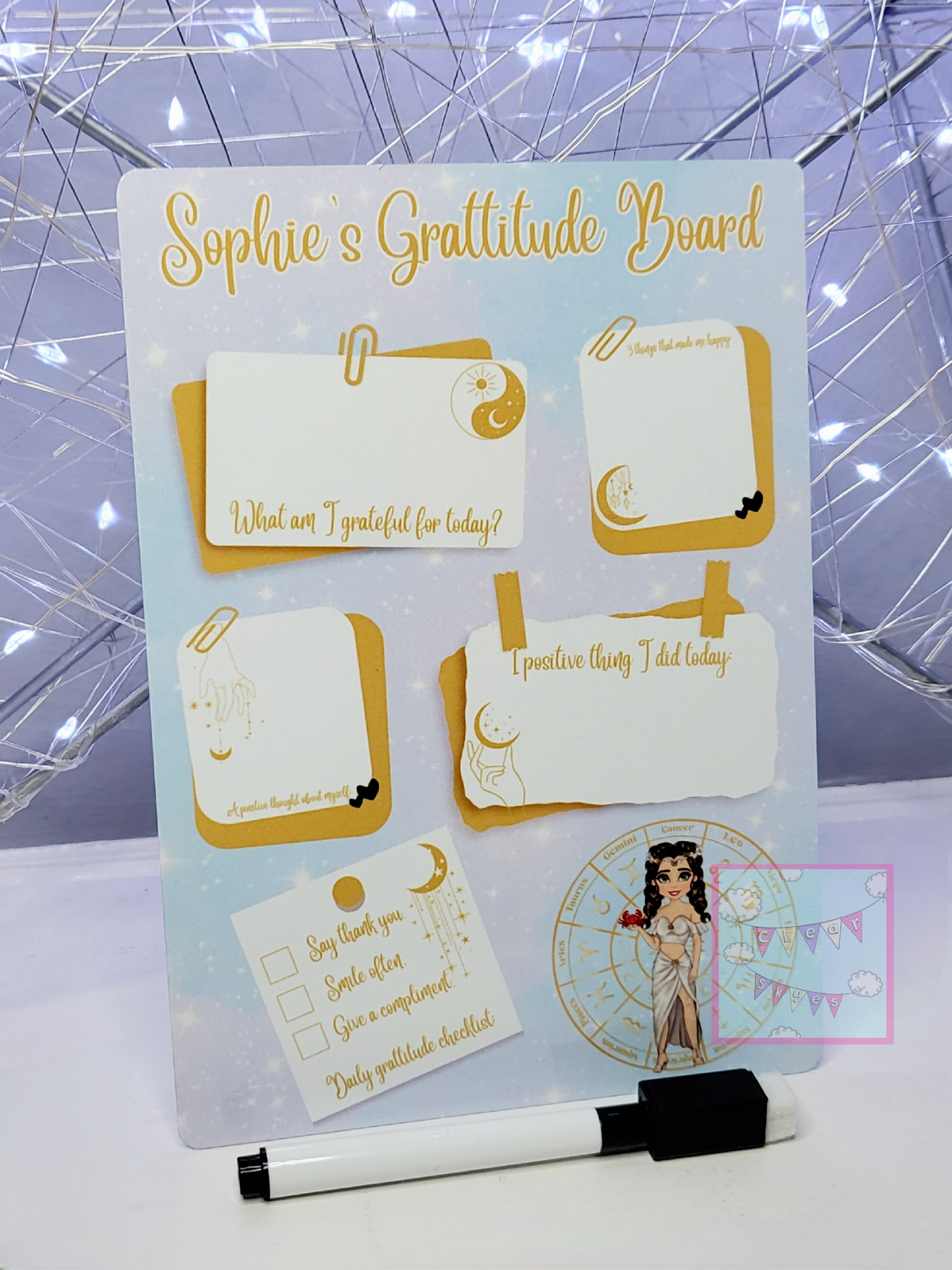 Personalised Zodiac Dry Wipe Gratitude Board with Pen