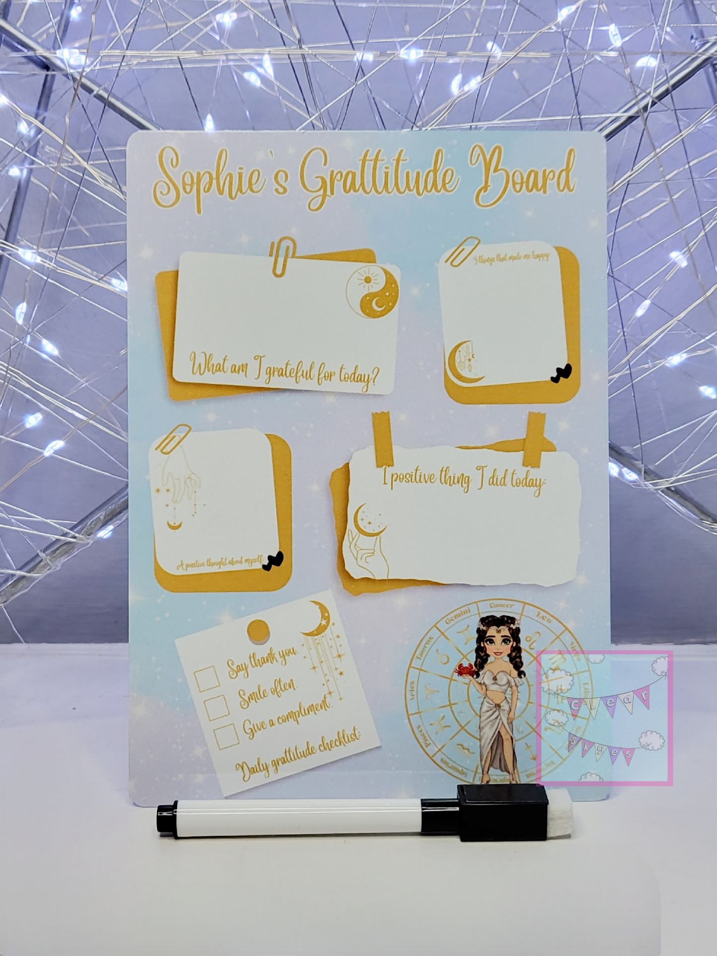 Personalised Zodiac Dry Wipe Gratitude Board with Pen