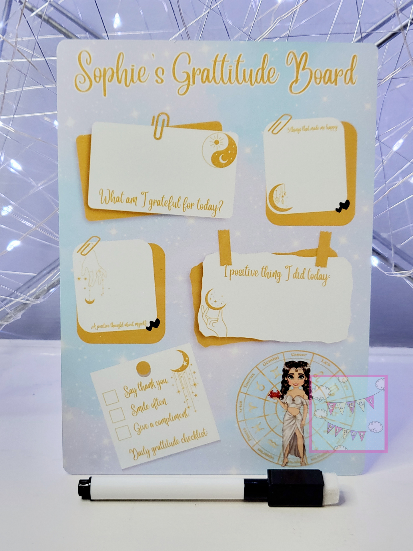 Personalised Zodiac Dry Wipe Gratitude Board with Pen