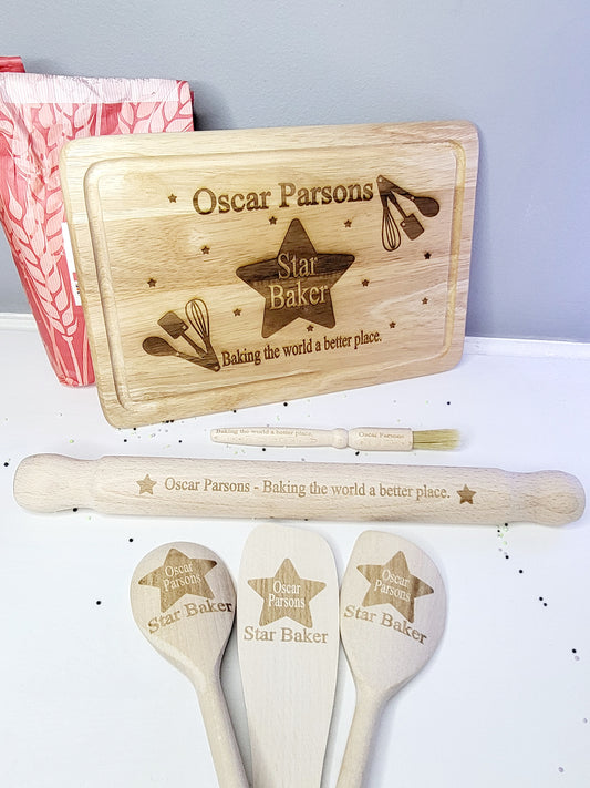 Personalised Luxury Wooden 6 Piece Baking Set, Star Baker