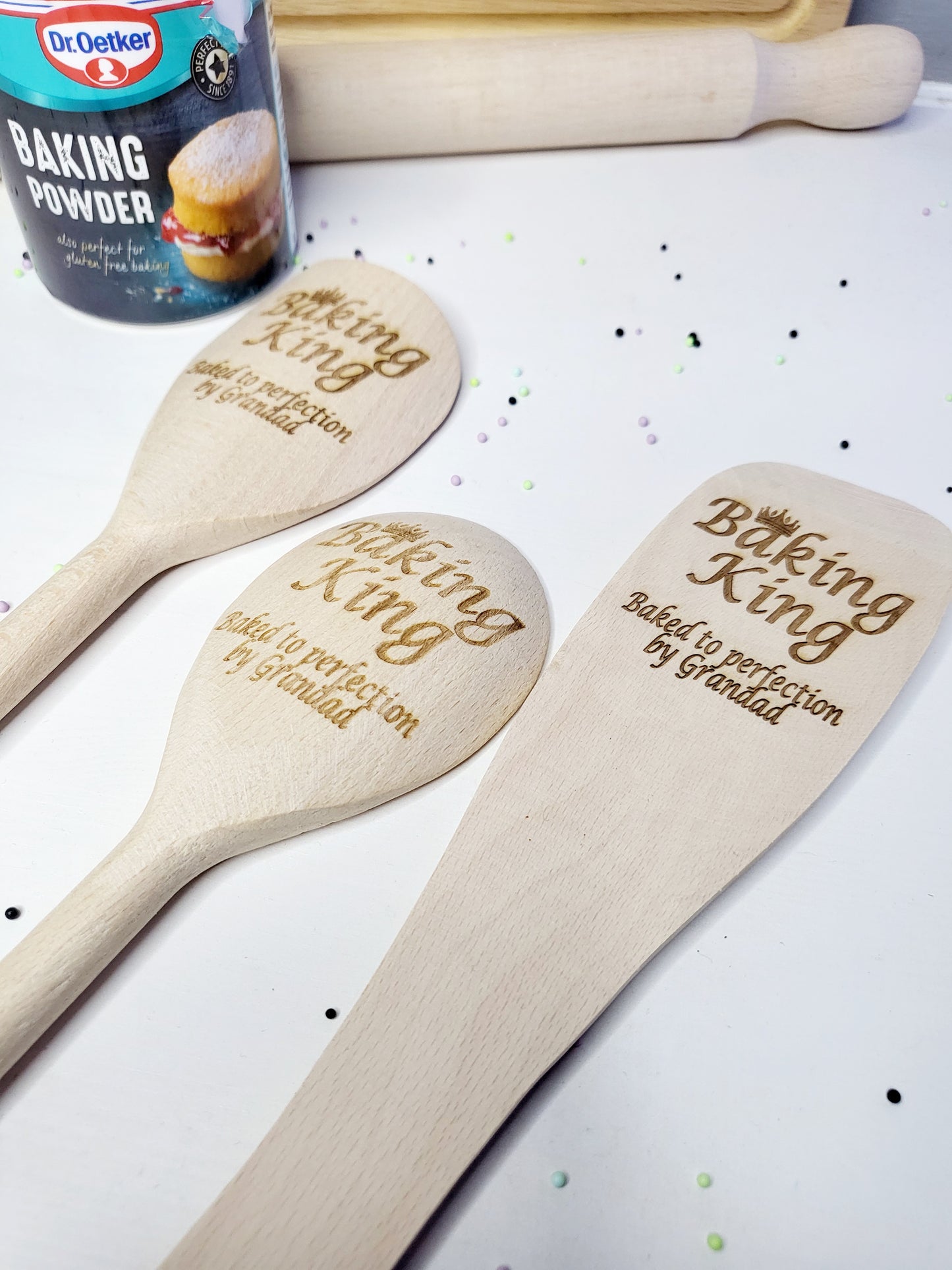 Personalised Wooden Baking Utensil Set, Baking King