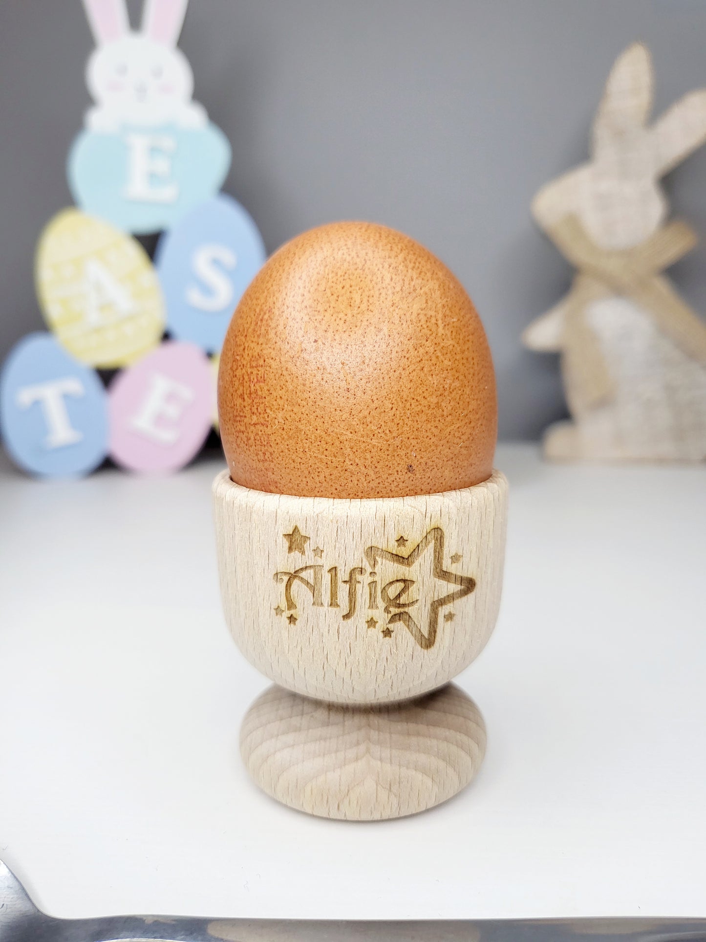 Personalised Wooden Egg Cup, Hearts or Stars