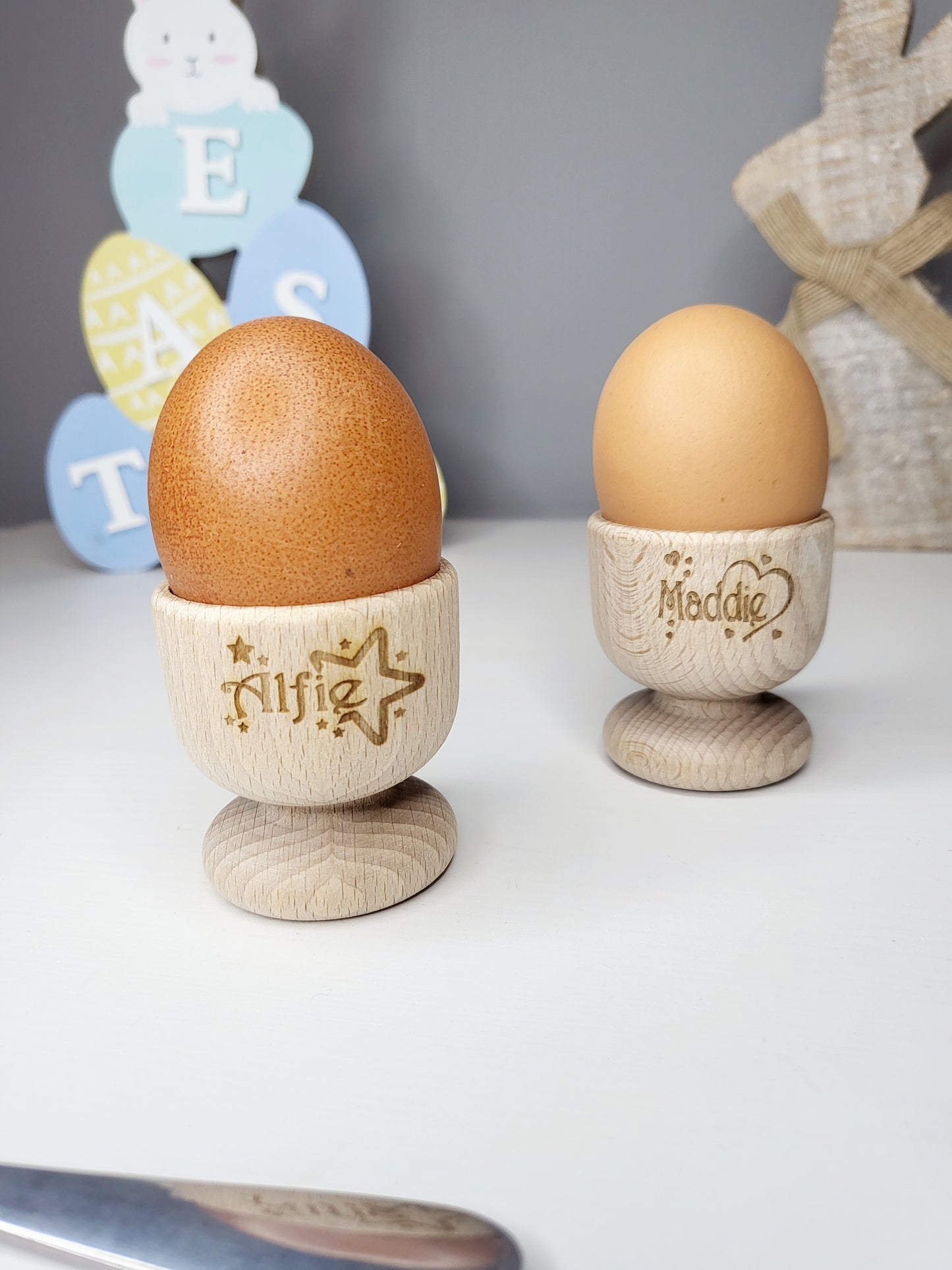 Personalised Wooden Egg Cup, Hearts or Stars