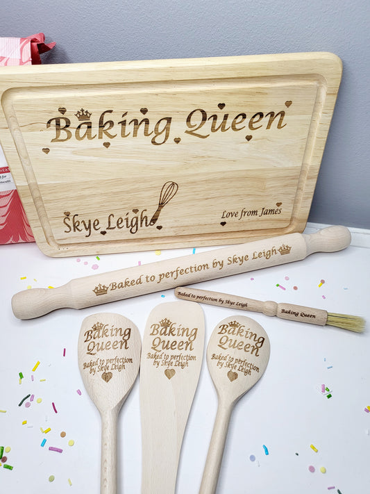 Personalised Luxury Wooden 6 Piece Baking Set, Baking Queen