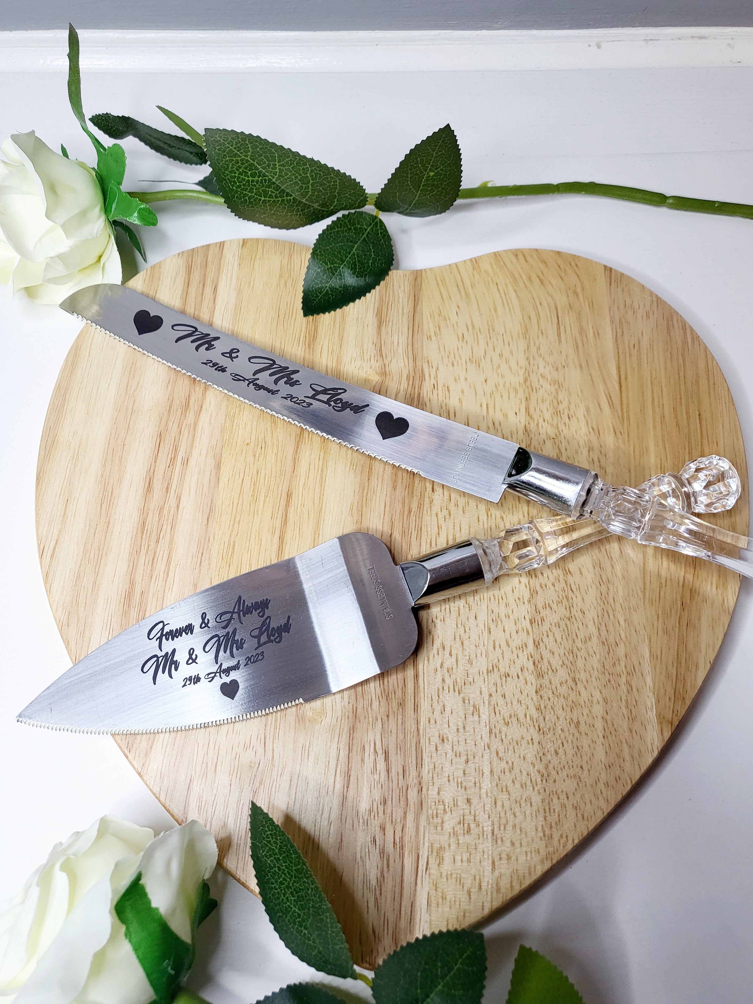 Elegant Couple Engraved Gold Cake Knife & Server Set