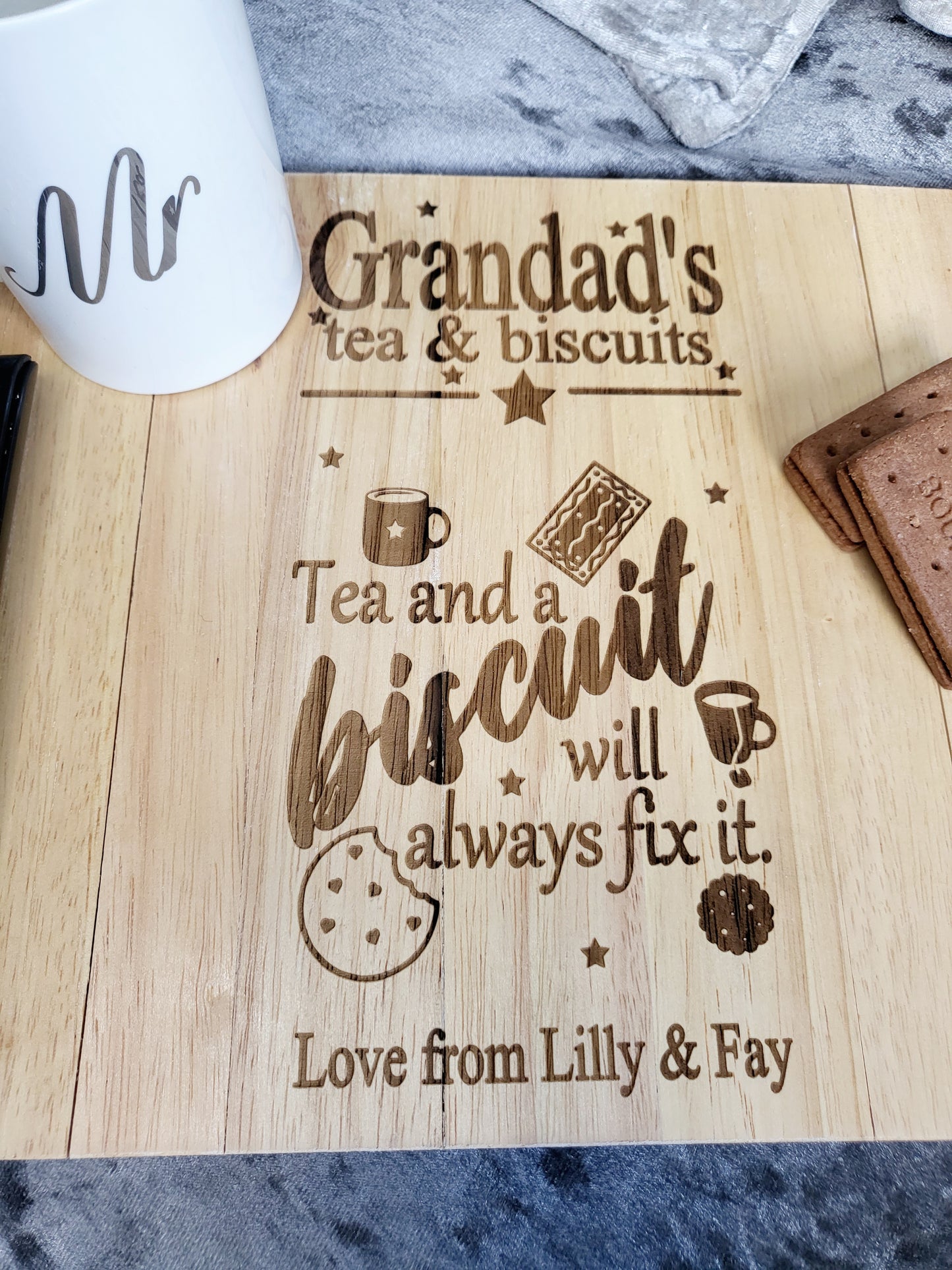 Personalised Sofa Arm Rest Tray - Tea & Biscuits